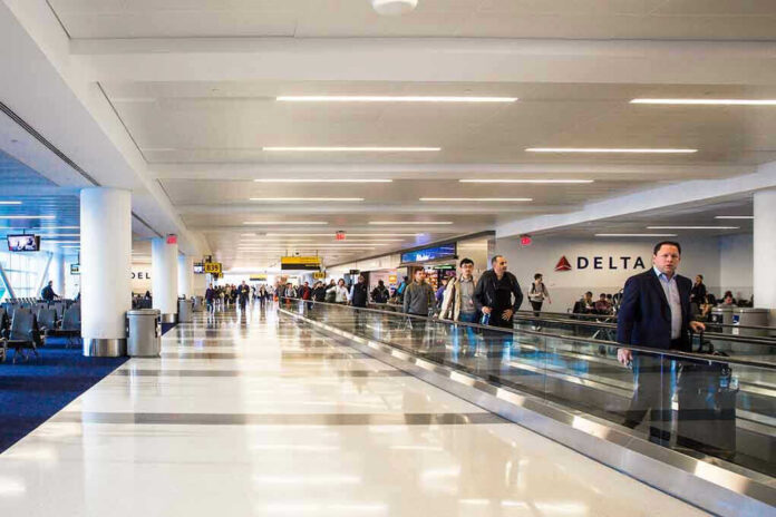 People walking through an airport terminal
