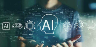 Person holding virtual icons related to artificial intelligence