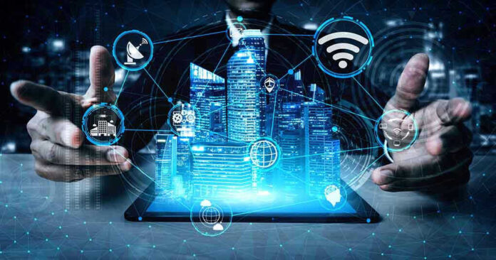 1563192715 Holographic city above tablet with technology icons.