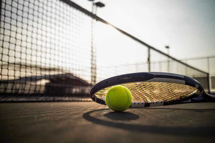 Tennis racket and ball on court near net.