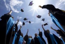 Graduating students celebrating by throwing their caps into the air under a bright blue sky