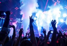 Taylor Swift Vienna Plot EXPOSED: Major Terror Scare! Crowd at a concert with hands raised and smoke effects in the background