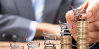 Mini shopping carts on stacks of coins, business background.