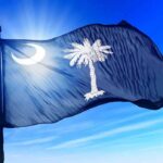 South Carolina state flag waving against a blue sky