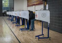 Voters at polling booths in a gymnasium
