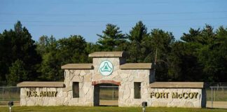 Stone entrance sign for U.S. Army Fort McCoy