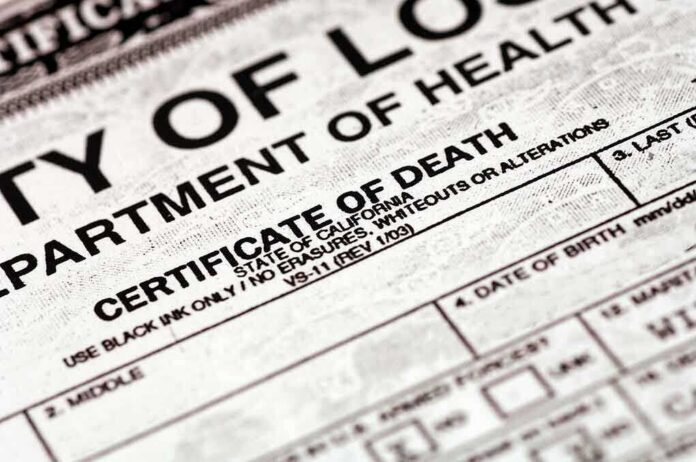 shutterstock_958592 Close-up of a California death certificate document