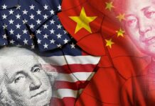 United States and China flags overlaid with currency portraits