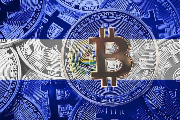 Bitcoin coins overlaid with El Salvador flag colors